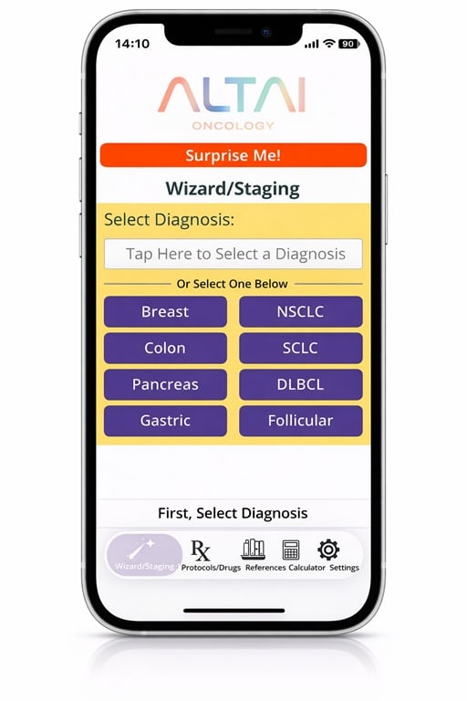 Altai Oncology App showing diagnosis selection